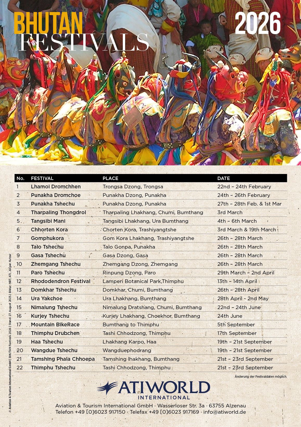 Bhutan Festivals 2026 Orte und Termine
