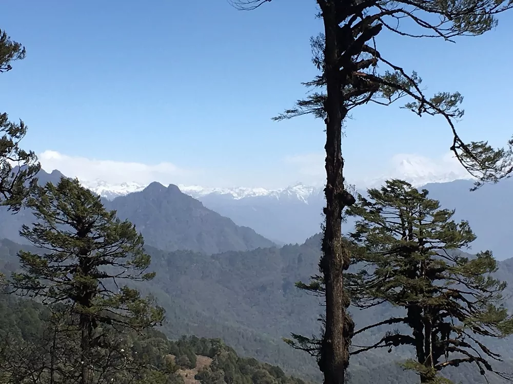 Bhutan Blick ins Land und schneebedeckte Berge