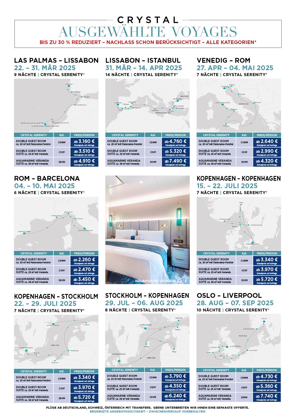 Crystal Serenity 10 ausgewählte bis zu 30 % reduzierte Kreuzfahrten März bis September 2025