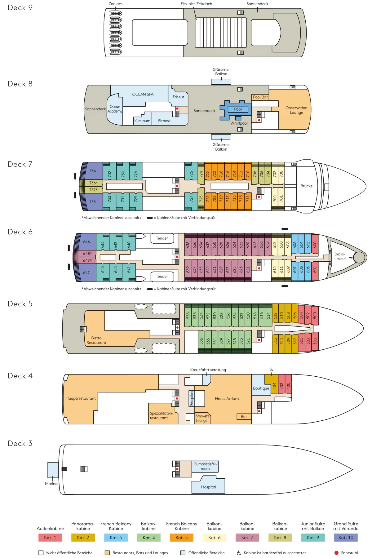 Deckplan des Expeditionsschiffes HANSEATIC nature