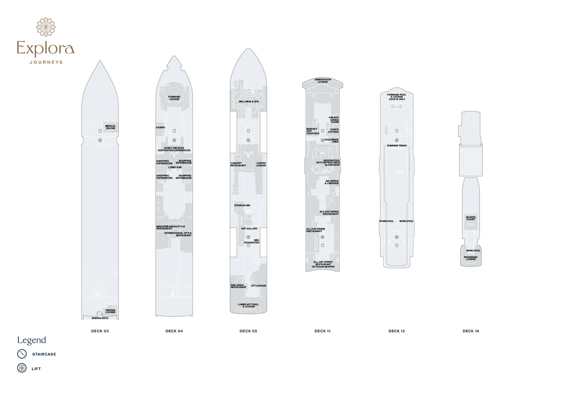 Explora I Deckpläne Deck 03, 04, 05, 11, 12, 14