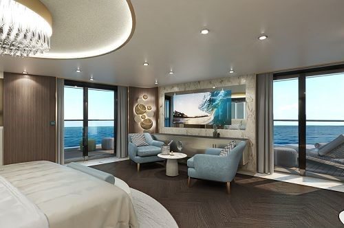 Schlafzimmer und Blick auf Terrasse und Meer