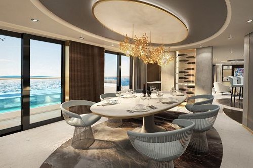 Esstisch und Blick auf Terrasse mit Pool