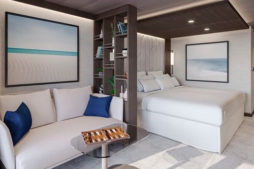 Sofa und Schlafraum in Terrace Suite