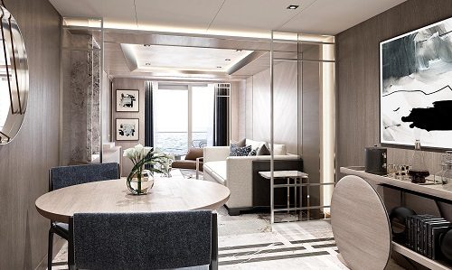 Ess- und Wohnbereich mit Blick auf Veranda in der Sevens Seas Suite