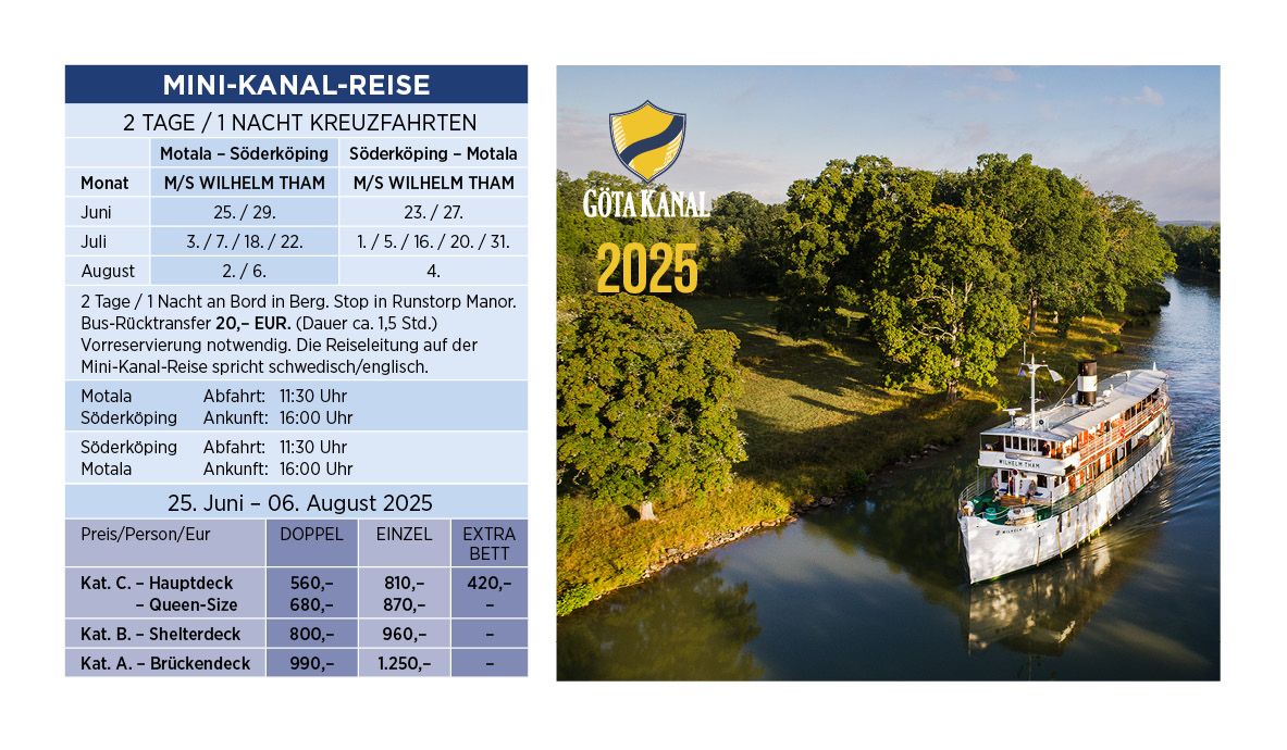 Göta Kanal 2 Tage mit der M/S Wilhelm Tham