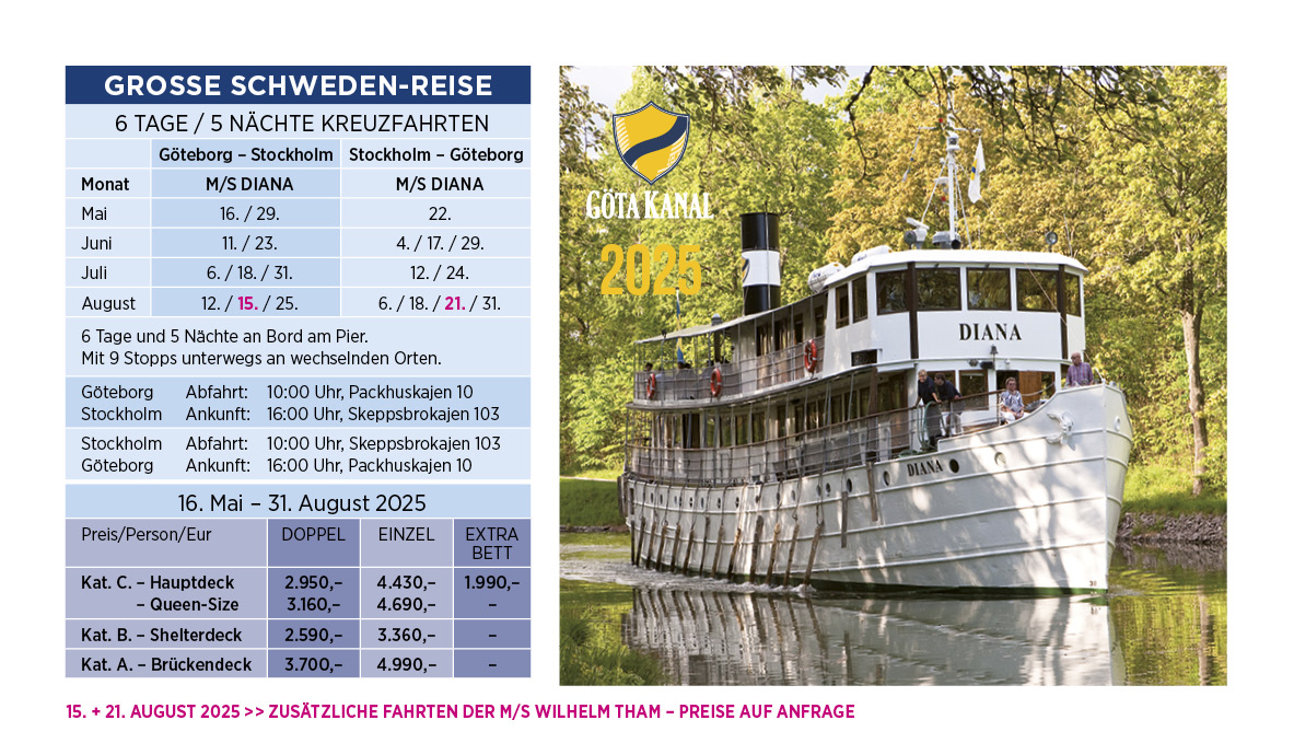 Göta Kanal Grosse Schweden Reise mit der M/S Diana