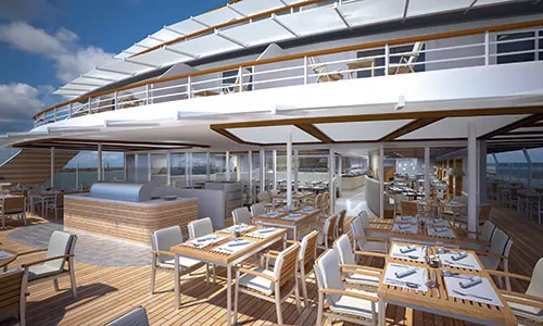 Außenbereich Restaurant Lido auf dem Luxus-Expeditionsschiff Hanseatic spirit von HL-Cruises