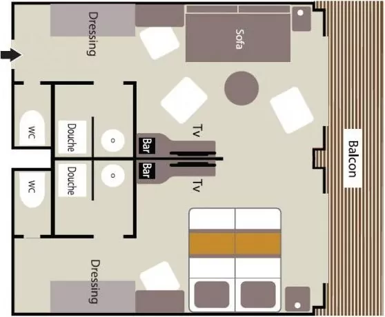 Suitenplan der Prestige Suite auf der Luxuskreuzfahrtyacht Le Soleal der Reederei Ponant