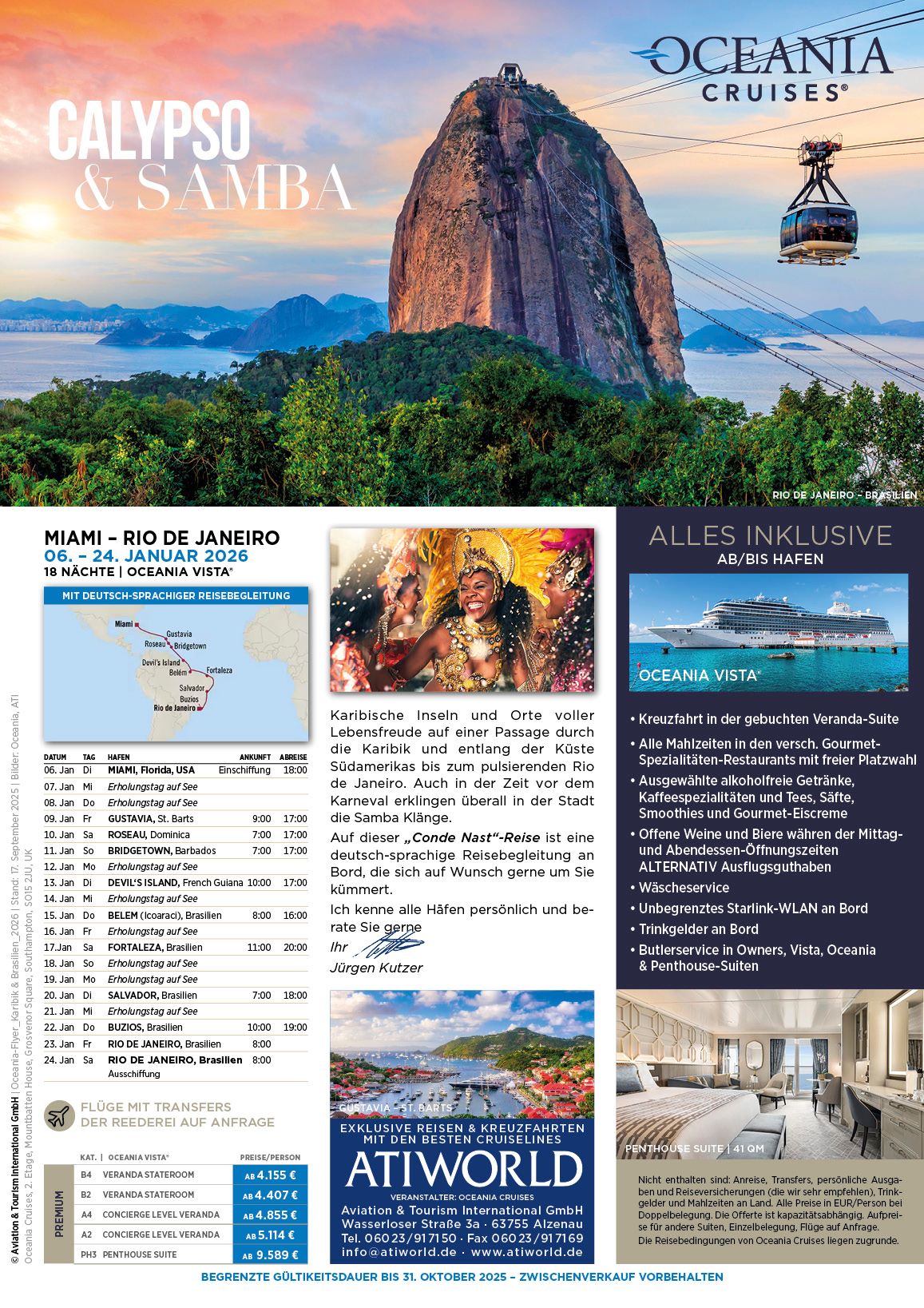 Calypso und Samba Kreuzfahrt mit Oceania Vista 6. bis 24. Januar 2026