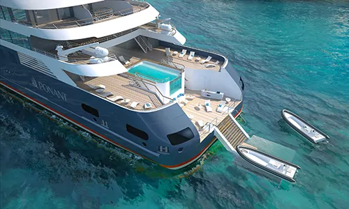 Ausfahrbare Marina auf dem Luxusexpeditionsschiff Le Laperouse der Reederei Ponant