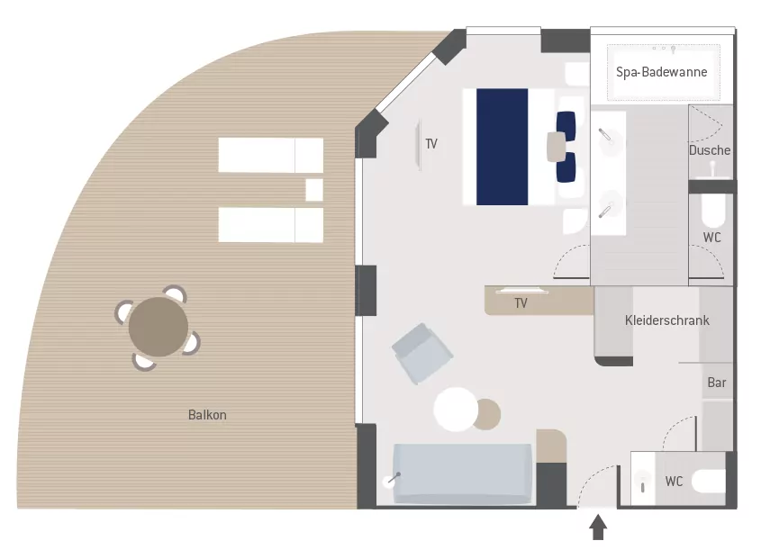 Suitenplan Grand Deluxe Suite auf dem Luxus Expeditionskreuzfahrtschiff Le Laperouse der Reederei Ponant