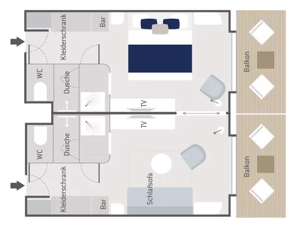 Suitenplan Prestige Suite auf dem Luxus Expeditionskreuzfahrtschiff Le Laperouse der Reederei Ponant