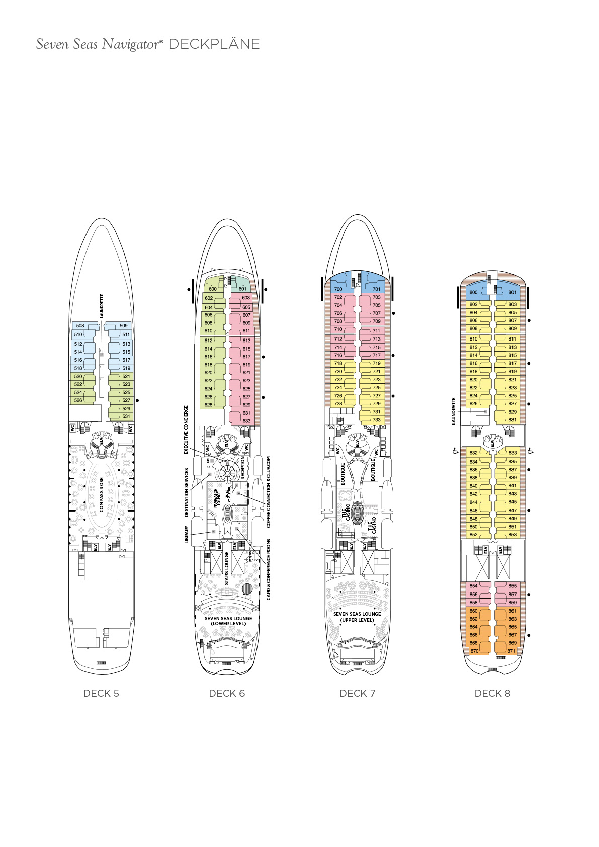 Deckpläne Deck 5 bis 8 des Kreuzfahrtschiffes Sevens Seas Navigator