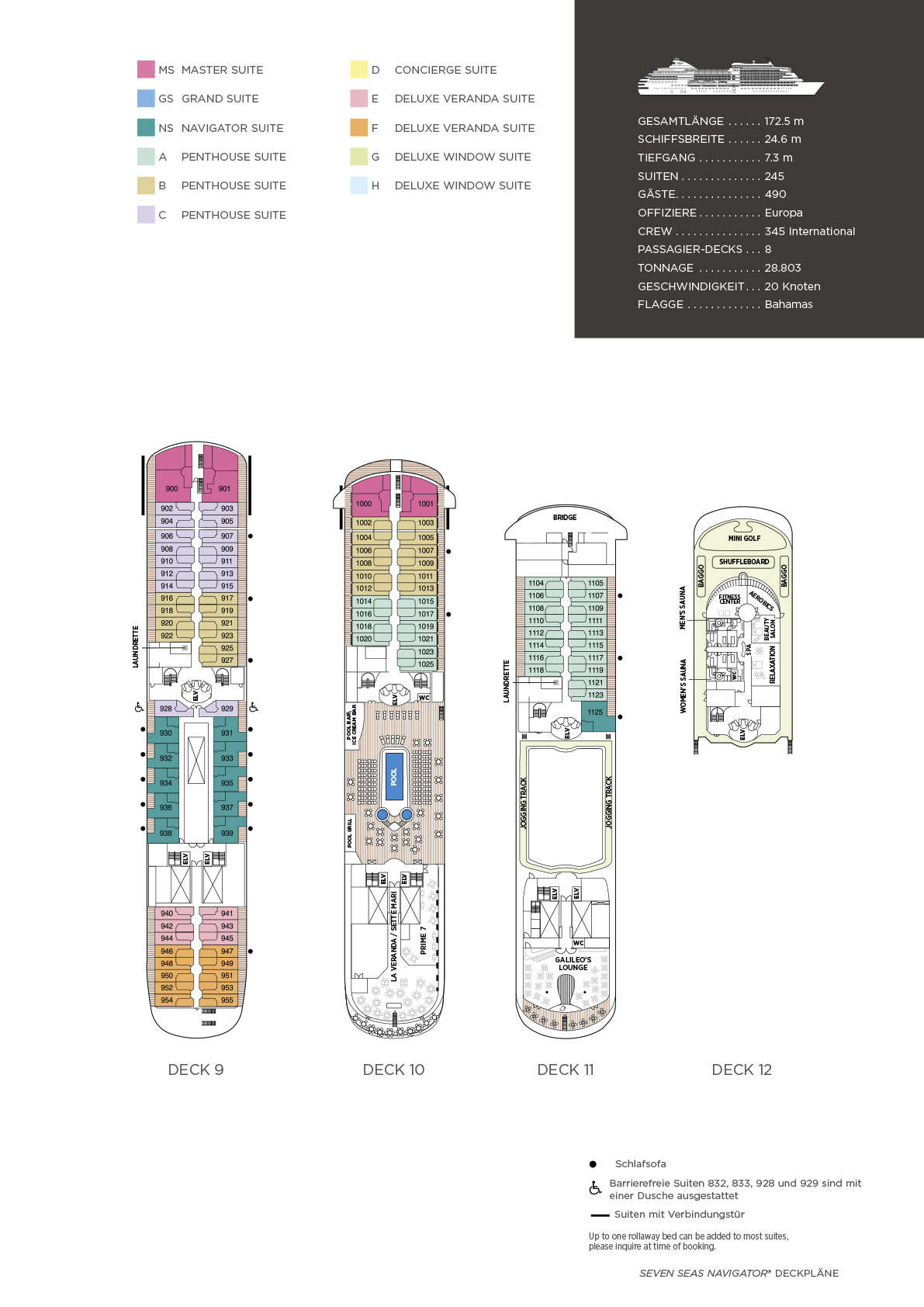 Deckpläne Deck 9 bis 12 und Schiffsinformationen Sevens Seas Navigator