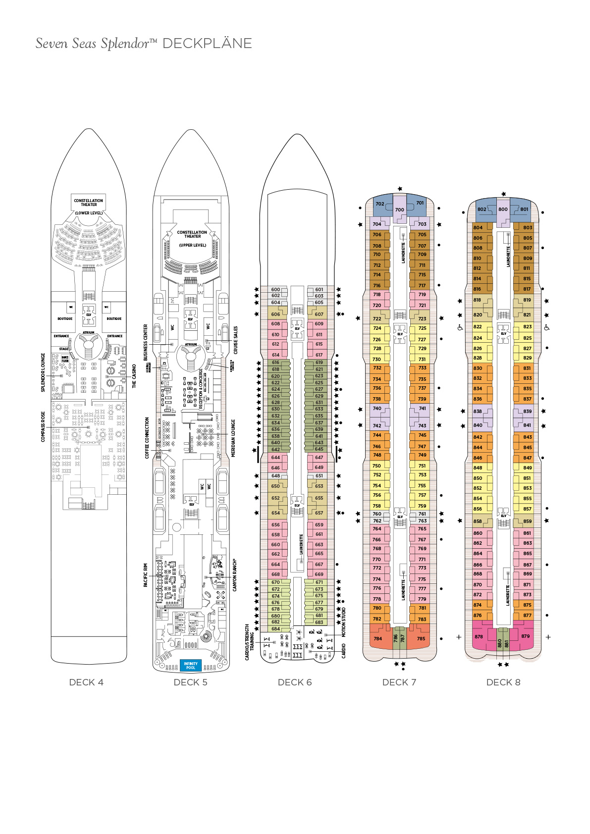 Deckplan Deck 4 bis Deck 8 auf dem 6-Sterne Luxuskreuzfahrtschiff Regent Seven Seas Splendor