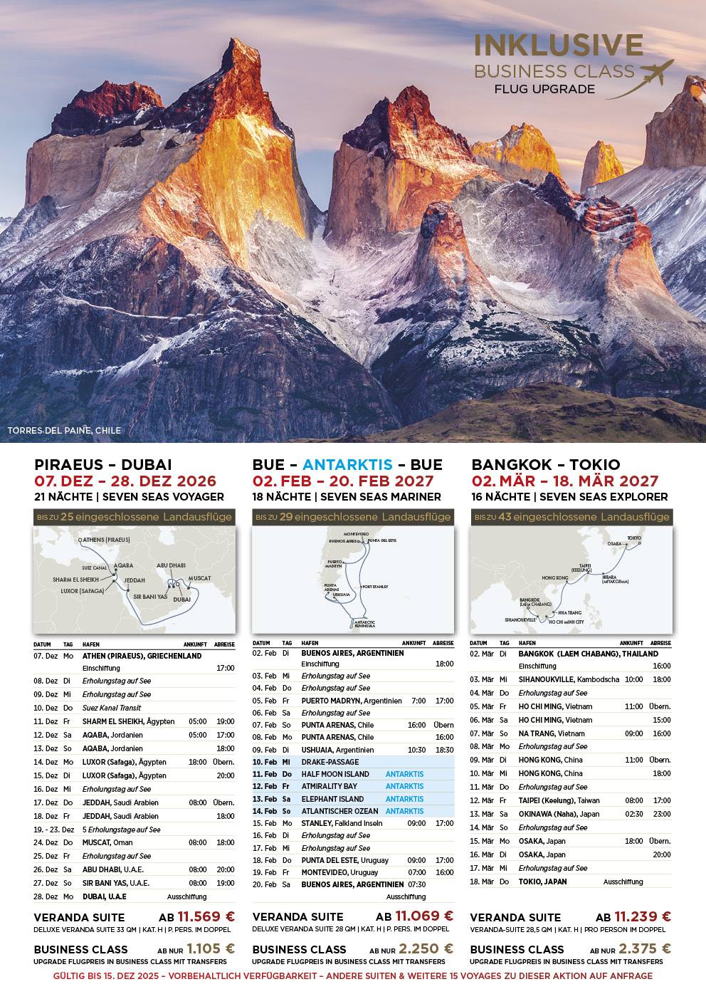 Regent SEVEN SEAS CRUISES inklusive Business Class Flug Upgrade und Transfers im Ultimate All-Inclusive Tarif nach Bali, Singapur, Sydney, Piräus, Dubai, Buenos Aires, Bangkok, Tokio, Mauritius, Doha, Incheon und in die Antarktis im März April November Dezember 2026 sowie im Februar März April Mai 2027 mit der Seven Seas Mariner, der Explorer und der Voyager