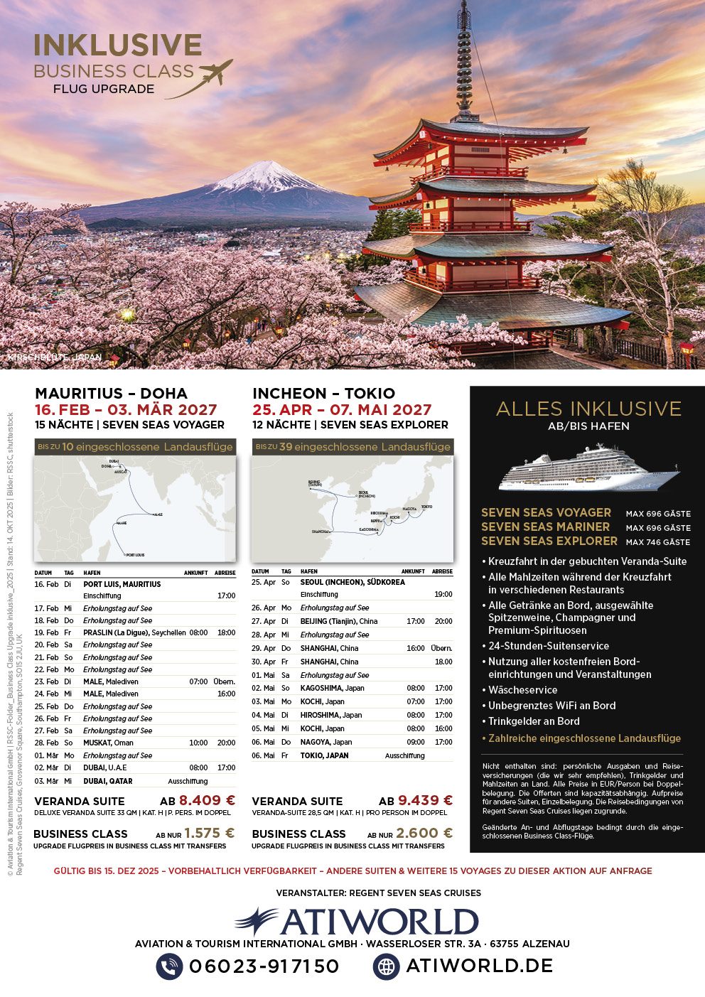 Regent SEVEN SEAS CRUISES inklusive Business Class Flug Upgrade und Transfers im Ultimate All-Inclusive Tarif nach Bali, Singapur, Sydney, Piräus, Dubai, Buenos Aires, Bangkok, Tokio, Mauritius, Doha, Incheon und in die Antarktis im März April November Dezember 2026 sowie im Februar März April Mai 2027 mit der Seven Seas Mariner, der Explorer und der Voyager