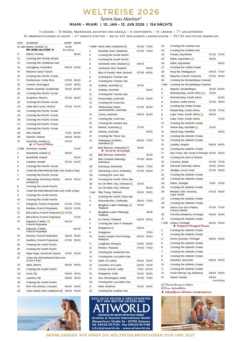 Regent Seven Seas Weltreise 2026 mit Seven Seas Mariner Miami - Miami