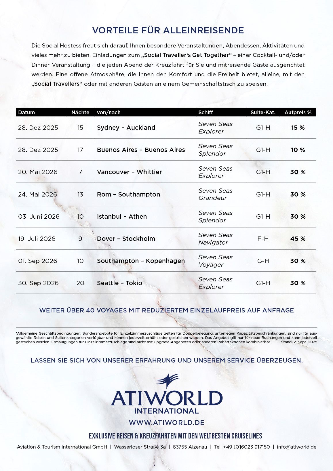 Regent Sevens Seas Vorteile für Alleinreisende auf ausgewählten Kreuzfahrten