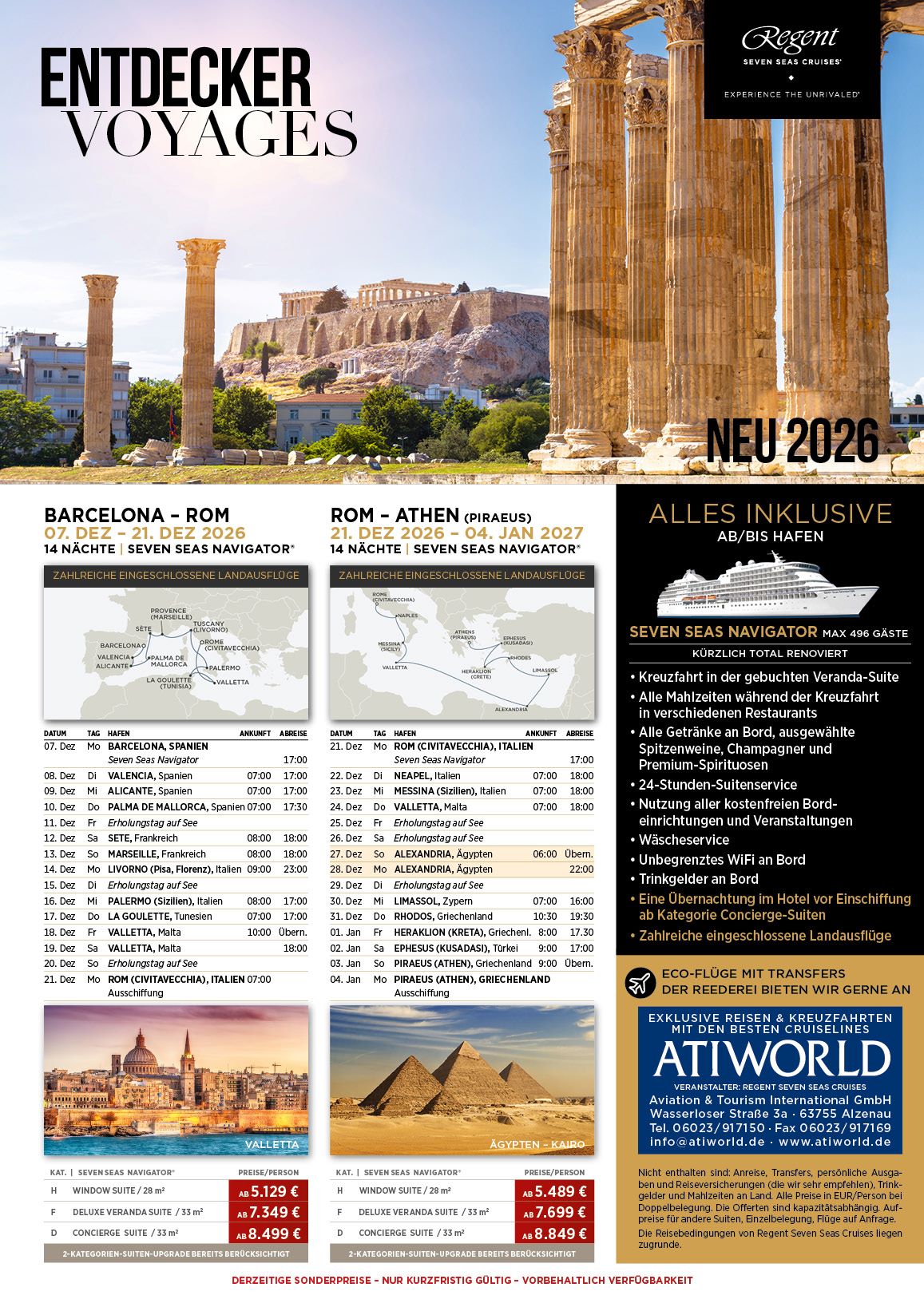 Regent Seven Seas Navigator Kreuzfahrten Barcelona-Rom, Rom-Athen im Dezember 2026
