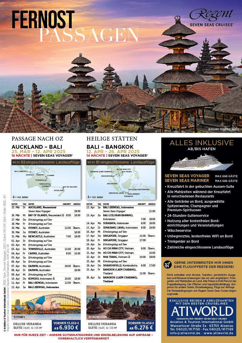Luxuskreuzfahrten Fernost mit Regent Seven Seas- reduzierte Reisen