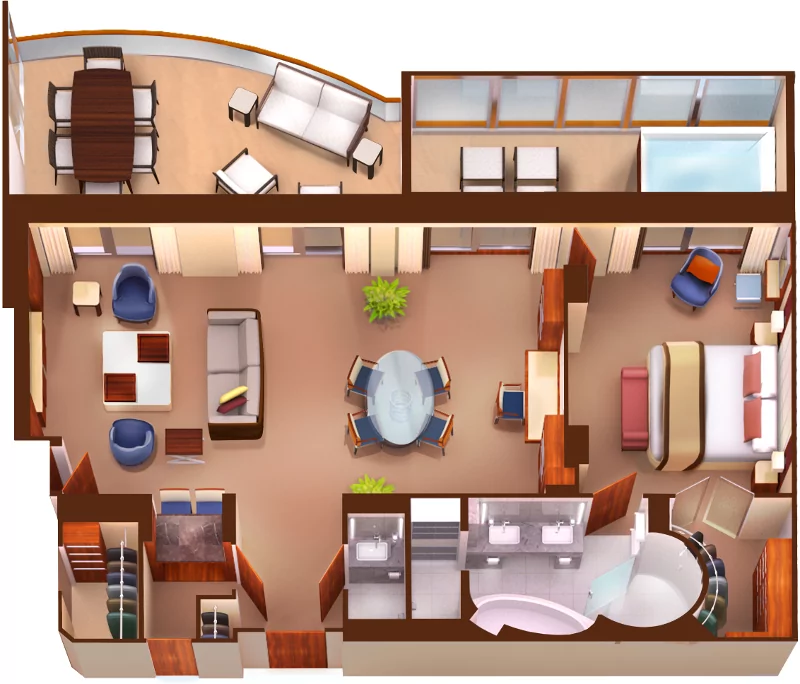 Suitenplan der Wintergarden Suite auf den Luxuskreuzfahrtschiffen Seabourn Encore und Ovation