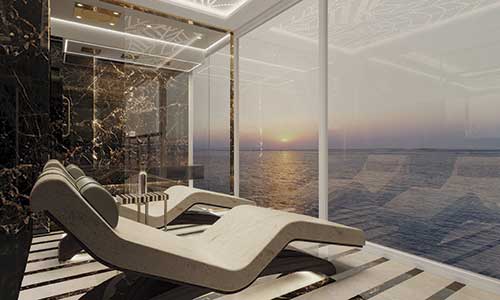 Badeliegestühle vor Panoramafenster in der Master Suite