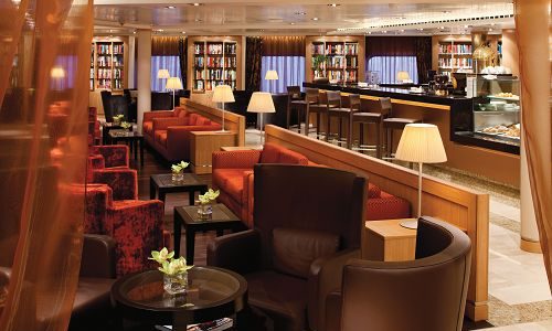 Blick in Square Bibliothek mit Cafebar und Büffet auf den KLuxuskreuzfahrtschiffen Seabourn Odyssey, Seabourn Sojourn, Seabourn Quest