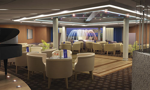 Sitzgruppen und Wasserspiel im The Club auf den Luxuskreuzfahrtschiffen Seabourn Odyssey, Seabourn Sojourn, Seabourn Quest