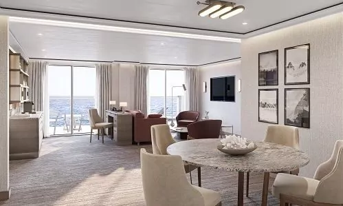 Esstisch und Wohnzimmer mit Blick nach draussen