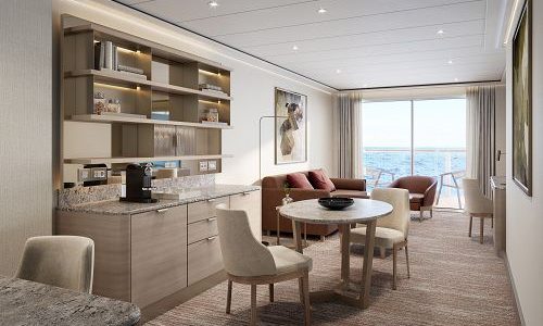 Wohnbereich mit Blick auf Terrasse Signature Suite