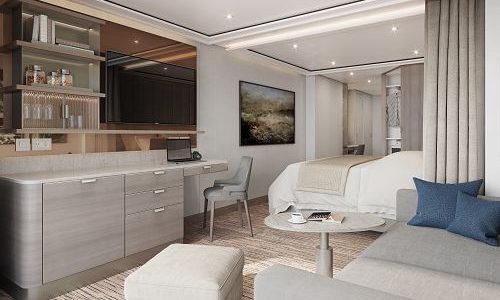 Sitzbereich und Blick auf Schlafbereich in Veranda Suite