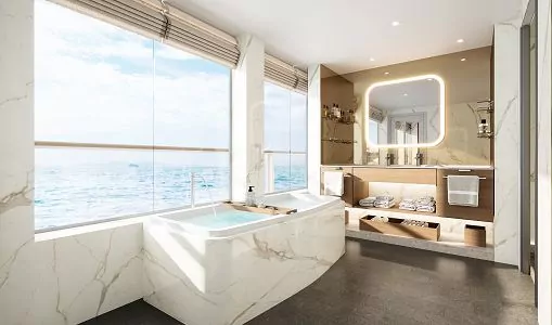 Badezimmer in Mastersuite mit großem Panorama Fenster