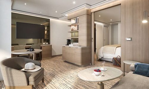 Wohnzimmer, Essbereich und Blick ins Schlafzimmer in Medaillon Suite auf Silver Ray