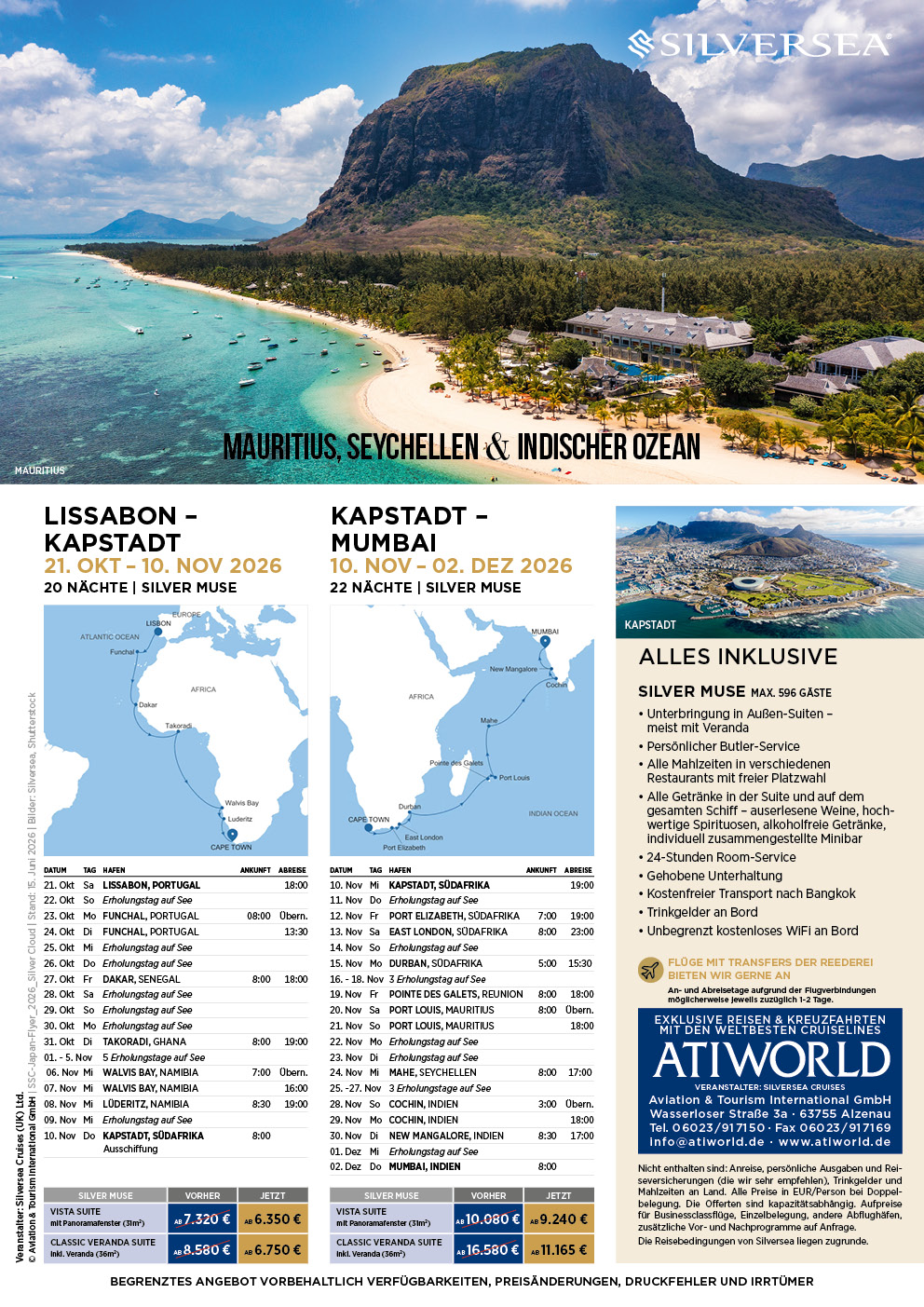 mit der Silversea Muse nach Mauritius, auf die Seychellen und rund um Westafrika