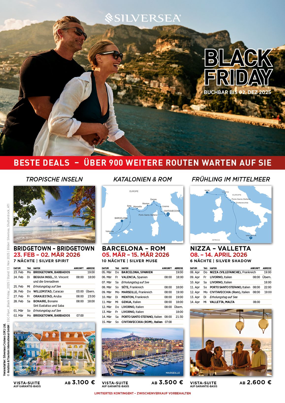 Silversea Black Friday Angebote Silver Spirit, Silver Muse, Silver Shadow