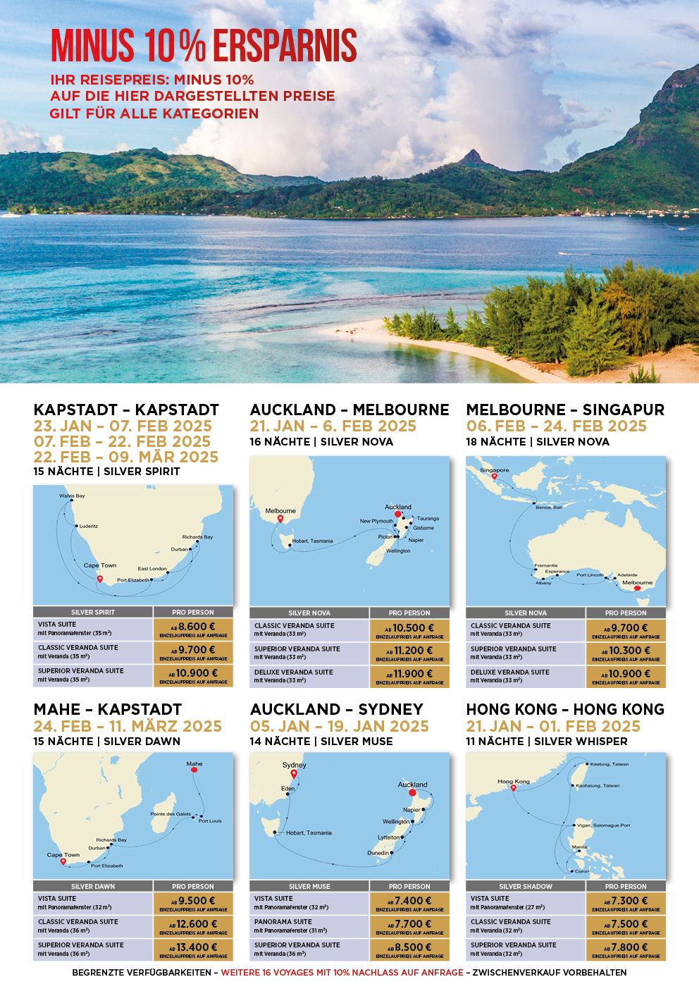 Minus 10 % Ersparnis auf Diverse Reisen von Silversea Cruises