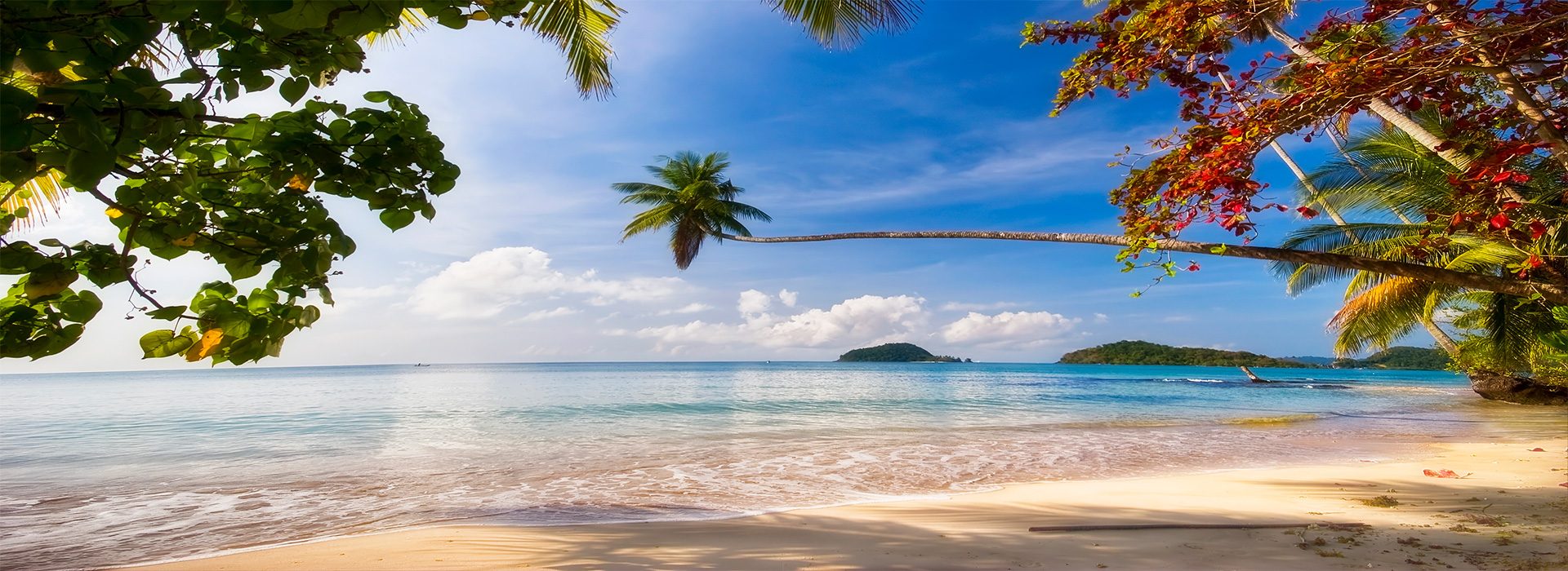 wunderschöner weißer Sandstrand mit Plamen und Blick auf die Andamanensee Südthailand