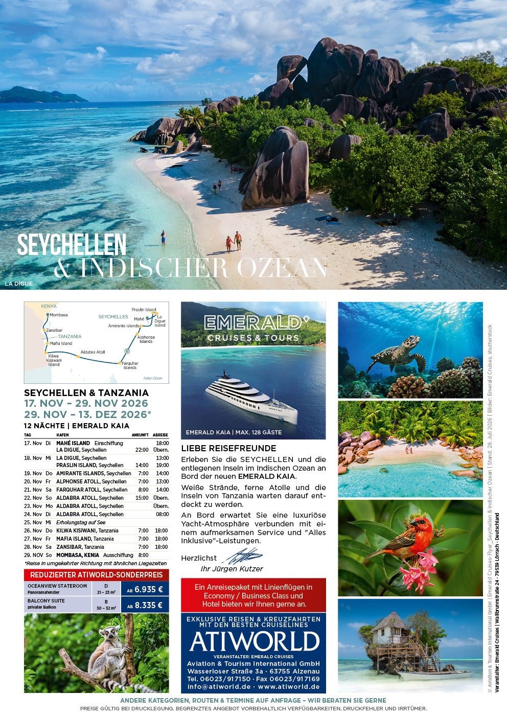 Werbeflyer von Emerald Cruises für eine 13-tägige All-Inclusive-Luxuskreuzfahrt zu den Seychellen und nach Tansania mit der neuen Yacht Emerald Kaia im November/Dezember 2026
