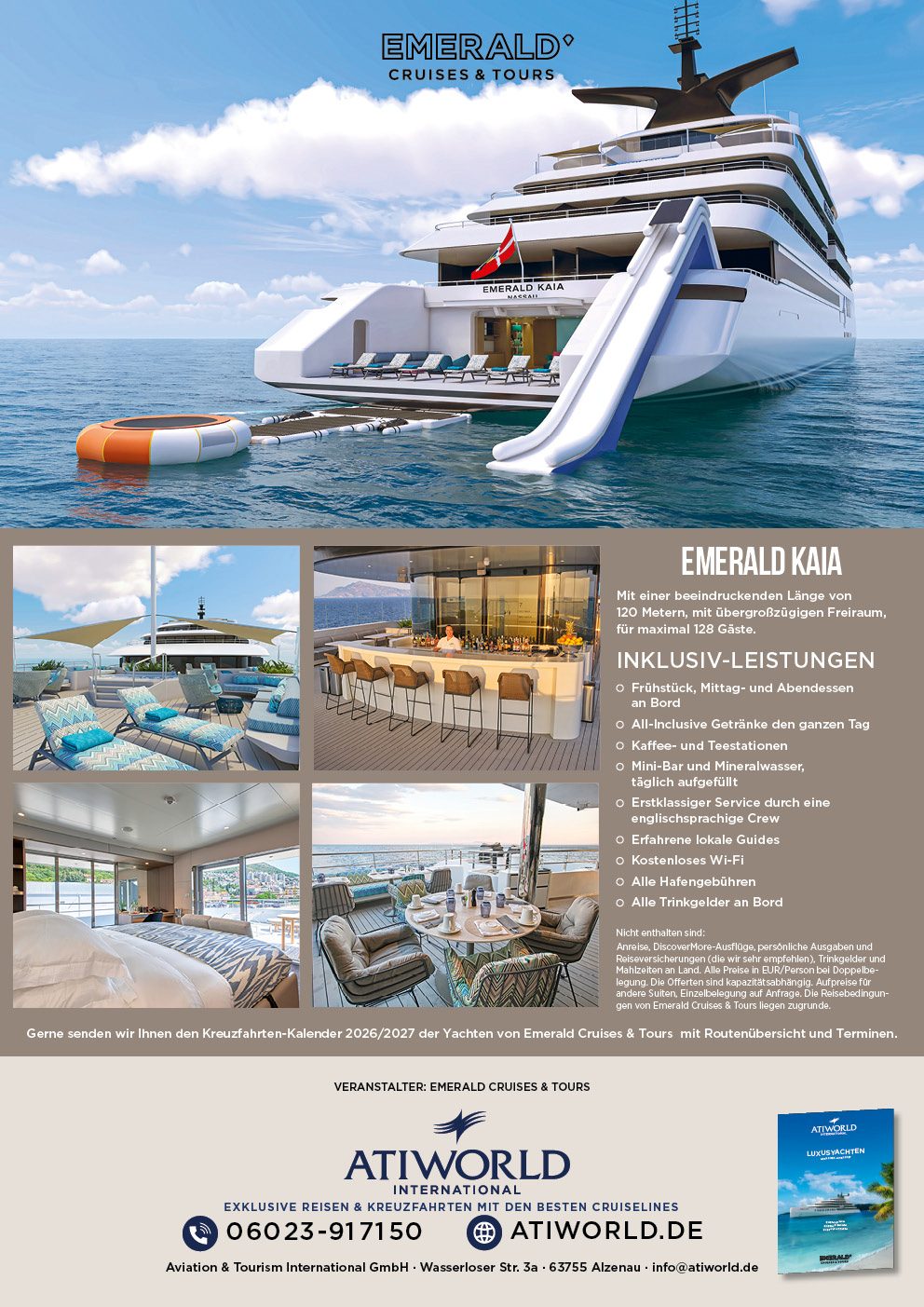 Werbeflyer von Emerald Cruises für eine 13-tägige All-Inclusive-Luxuskreuzfahrt zu den Seychellen und nach Tansania mit der neuen Yacht Emerald Kaia im November/Dezember 2026