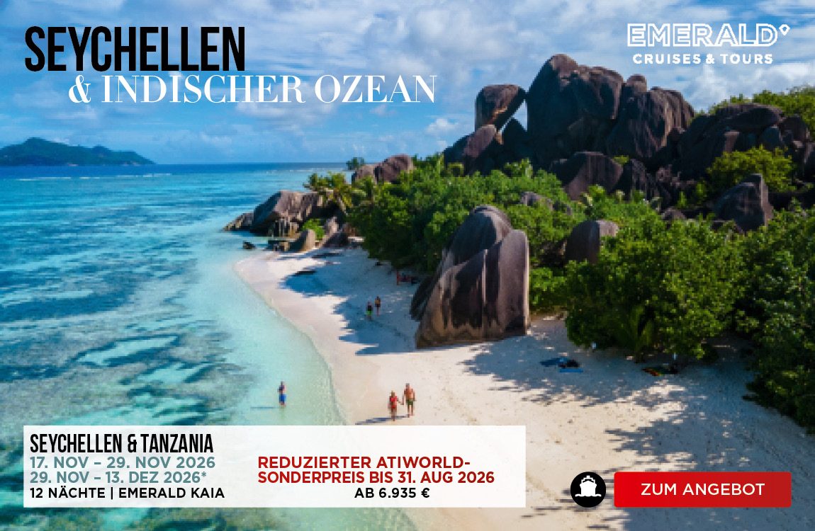 Werbeflyer von Emerald Cruises für eine 13-tägige All-Inclusive-Luxuskreuzfahrt zu den Seychellen und nach Tansania mit der neuen Yacht Emerald Kaia im November/Dezember 2026