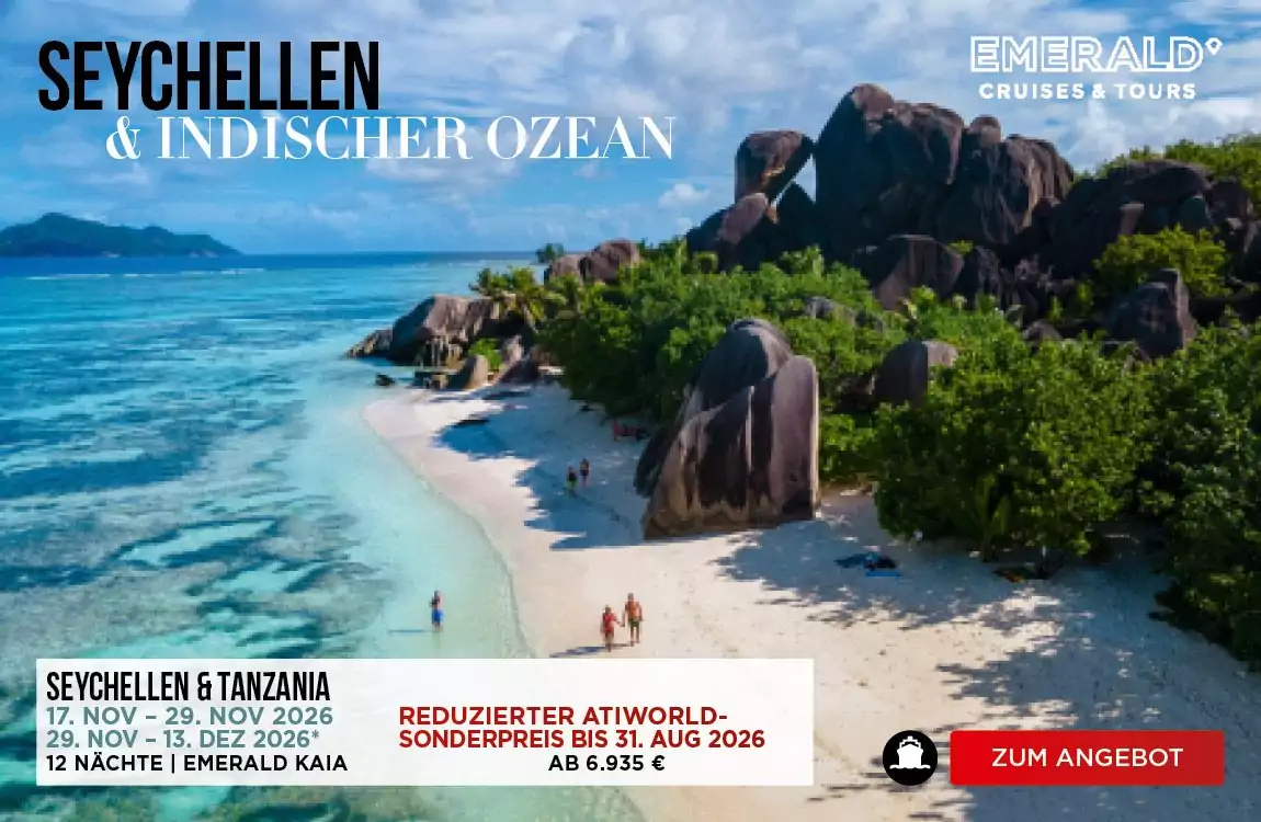 Werbeflyer von Emerald Cruises für eine 13-tägige All-Inclusive-Luxuskreuzfahrt zu den Seychellen und nach Tansania mit der neuen Yacht Emerald Kaia im November/Dezember 2026