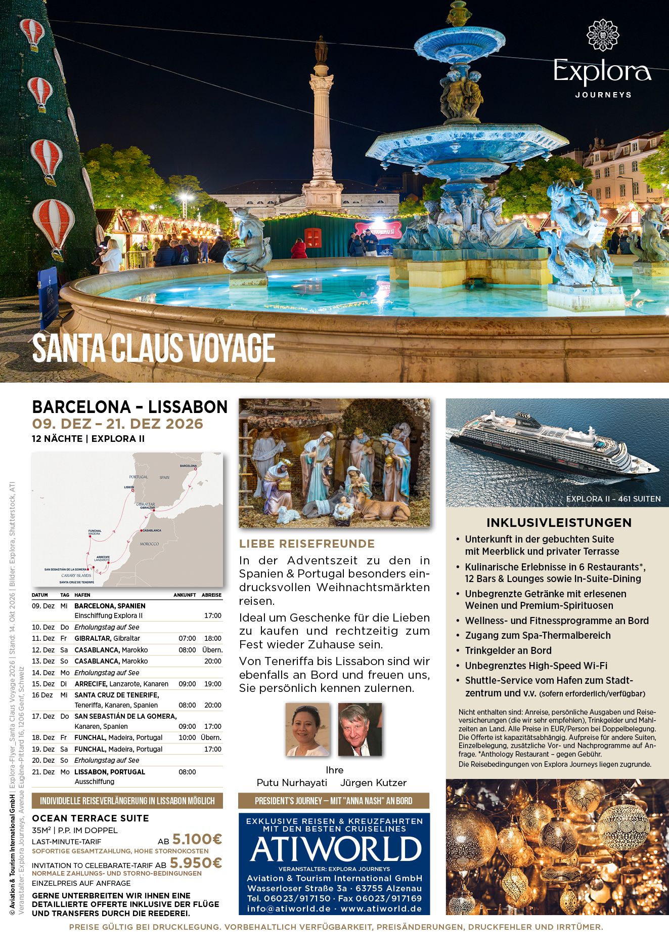 Explora Journeys Santa Claus Voyage – 12 Nächte vorweihnachtliche Luxuskreuzfahrt mit der EXPLORA II von Barcelona nach Lissabon, 9. bis 21. Dezember 2026