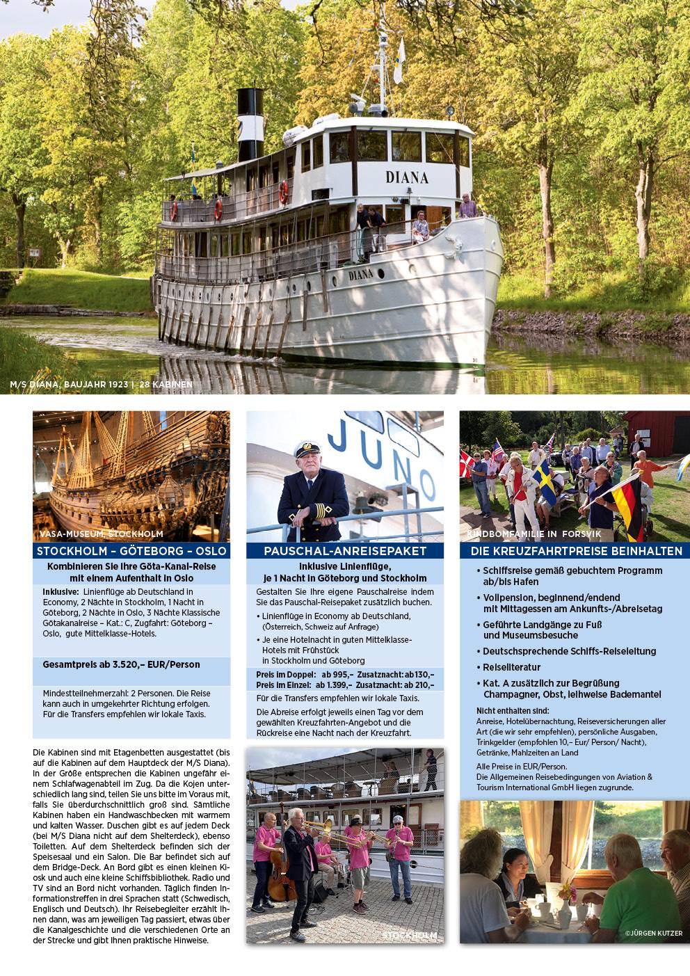 das nostalgische schwedische Flussschiff Diana auf dem Göta Kanal im Farbspiel der Laubbäume im Frühherbst