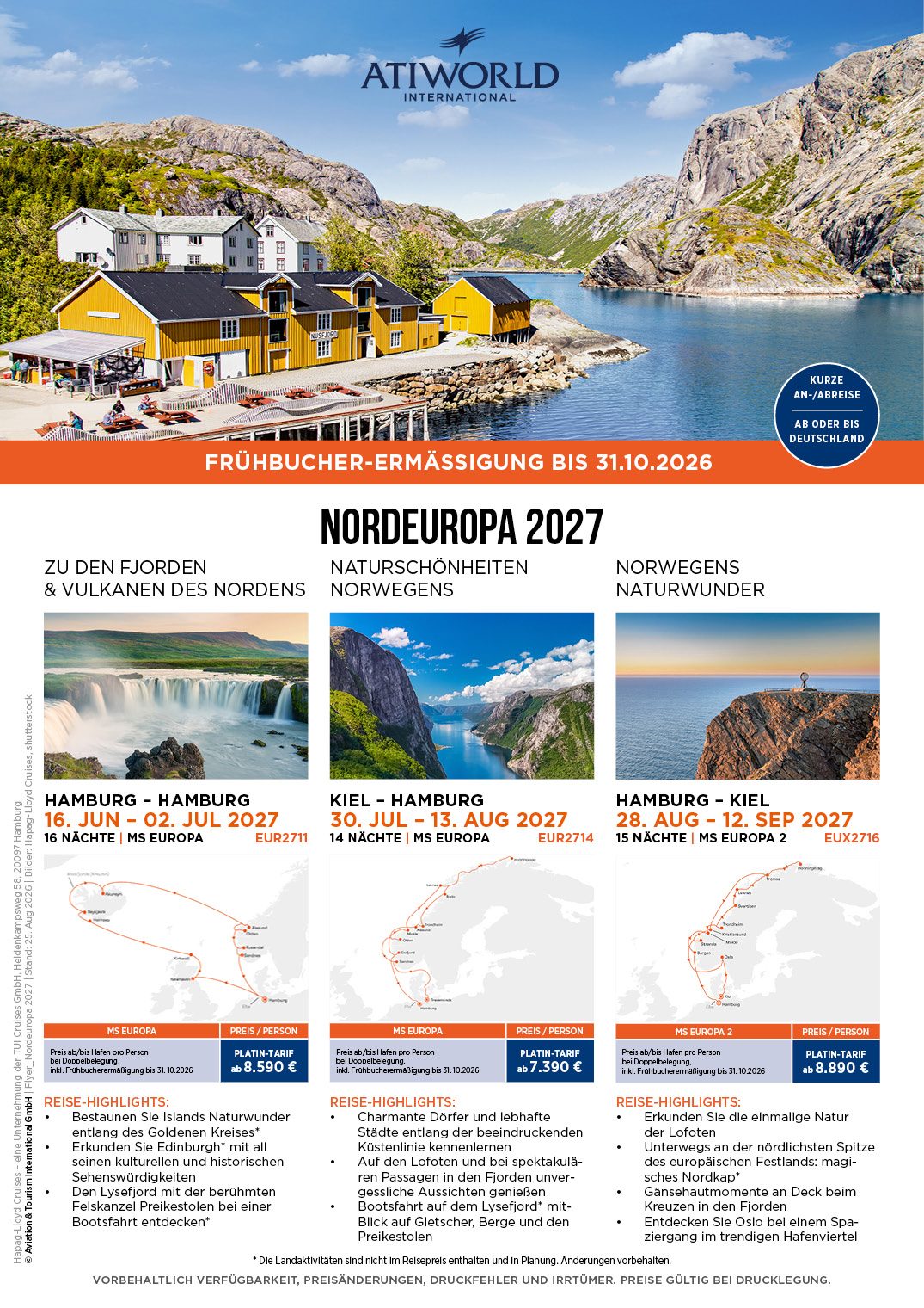 Hapag-Lloyd Cruises präsentiert Frühbucher-Angebote für Reisen in 2027 mit komfortabler, kurzer Anreise ab oder bis zu einem deutschen Hafen