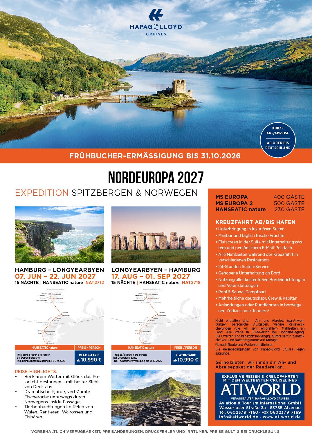 Hapag-Lloyd Cruises präsentiert Frühbucher-Angebote für Reisen in 2027 mit komfortabler, kurzer Anreise ab oder bis zu einem deutschen Hafen