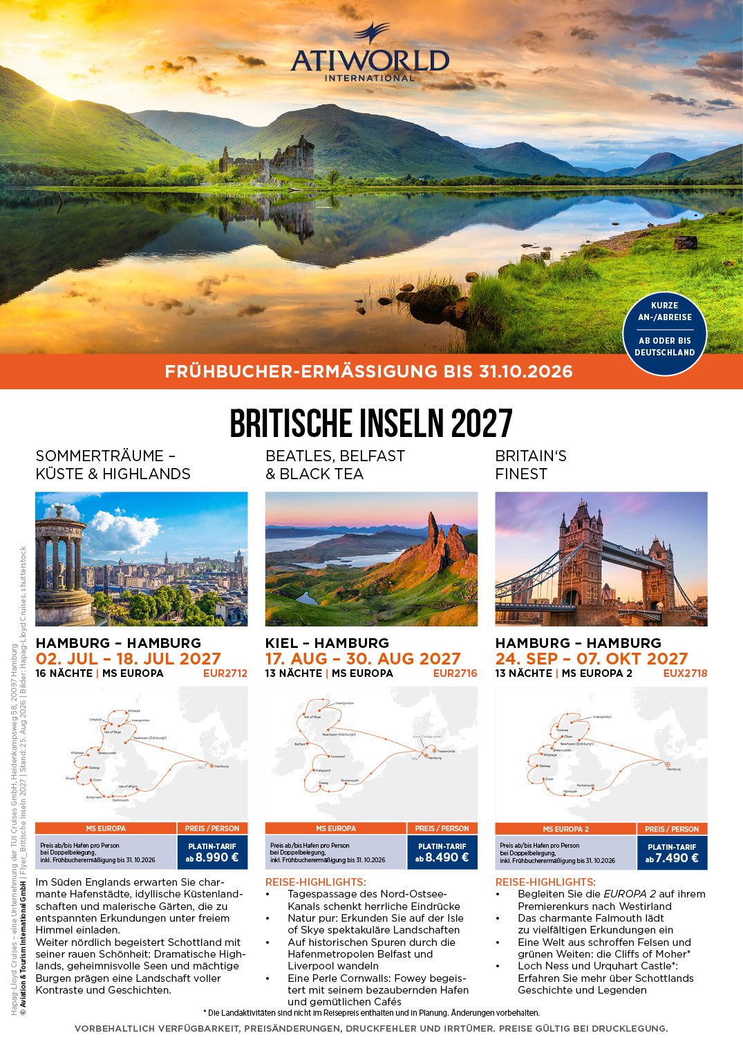 Hapag-Lloyd Cruises präsentiert Frühbucher-Angebote für Reisen in 2027 mit komfortabler, kurzer Anreise ab oder bis zu einem deutschen Hafen