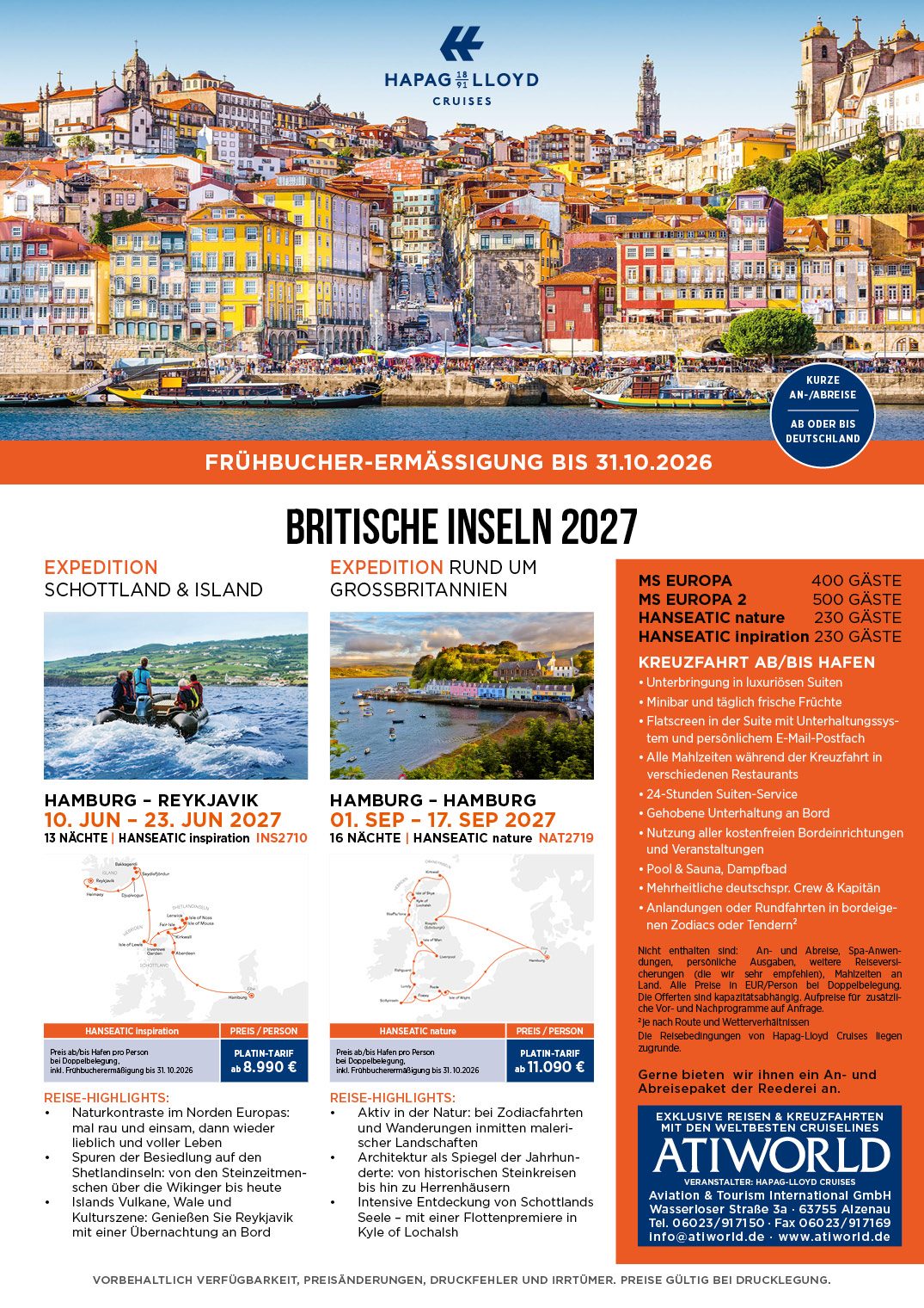 Hapag-Lloyd Cruises präsentiert Frühbucher-Angebote für Reisen in 2027 mit komfortabler, kurzer Anreise ab oder bis zu einem deutschen Hafen