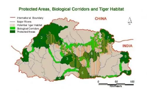 Landkarte Geschützte Gebiete in Bhutan